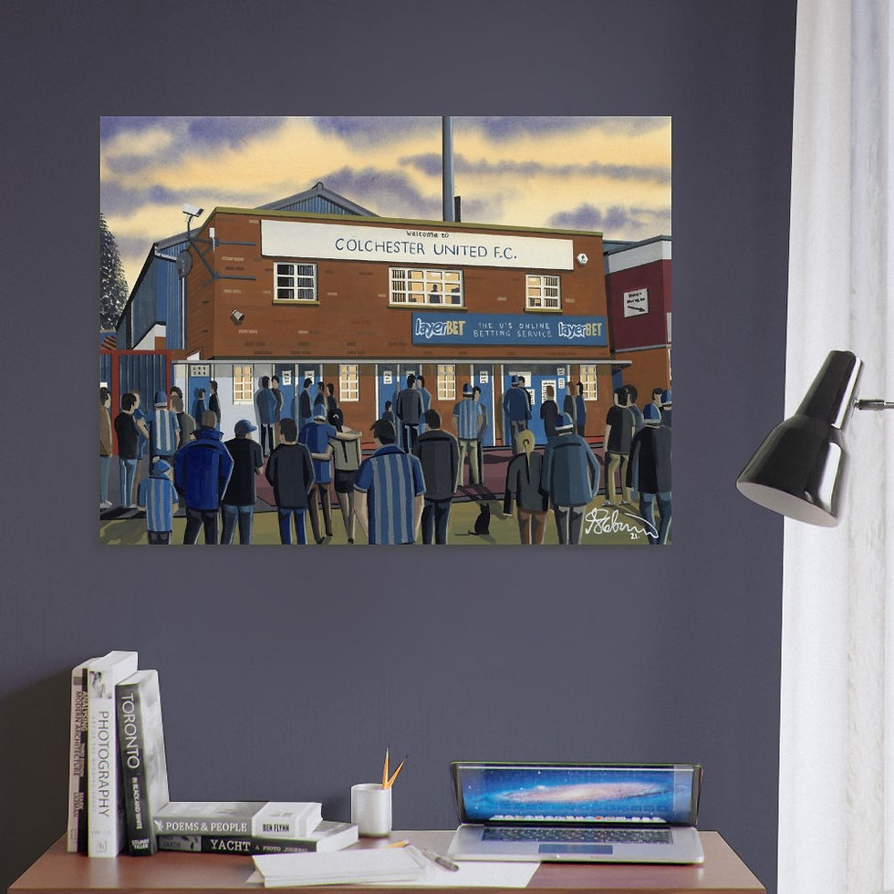 Thumbnail: Colchester United FC Retro Layer Road Stadium Scene by artist Andrew Robinson andrewrobinsonart.com. Available in fine art print, poster, canvas prints and mugs etc 
