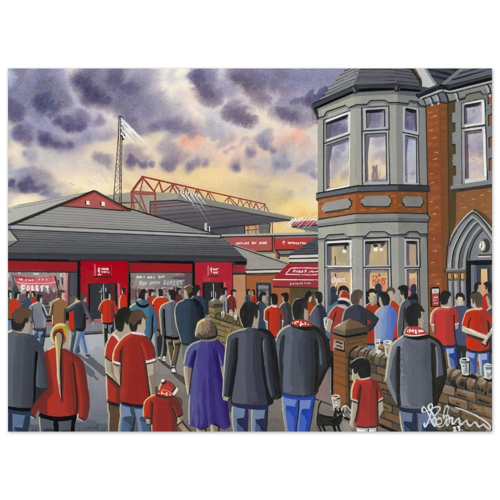 Nottingham Forest FC City Ground football stadium scene by artist Andrew Robinson andrewrobinsonart.com. Available in fine art print, poster, canvas prints and mugs etc