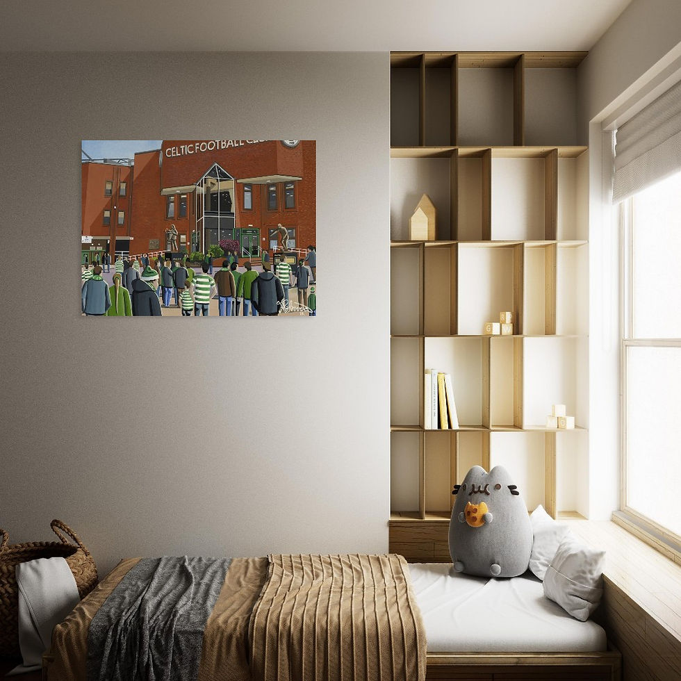 Thumbnail: Celtic FC Celtic Park football stadium scene by artist Andrew Robinson andrewrobinsonart.com. Available in fine art print, poster, canvas prints and mugs etc 