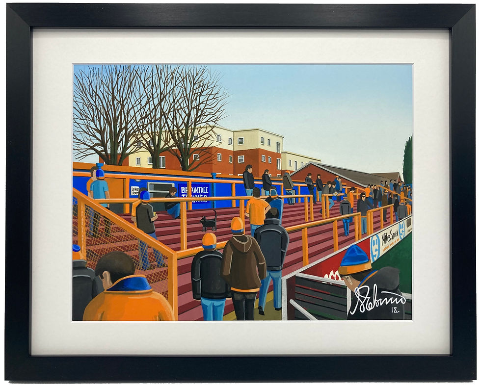 Braintree Town FC Cressing Road Stadium Scene by artist Andrew Robinson andrewrobinsonart.com. Available in fine art print, poster, canvas prints and mugs etc