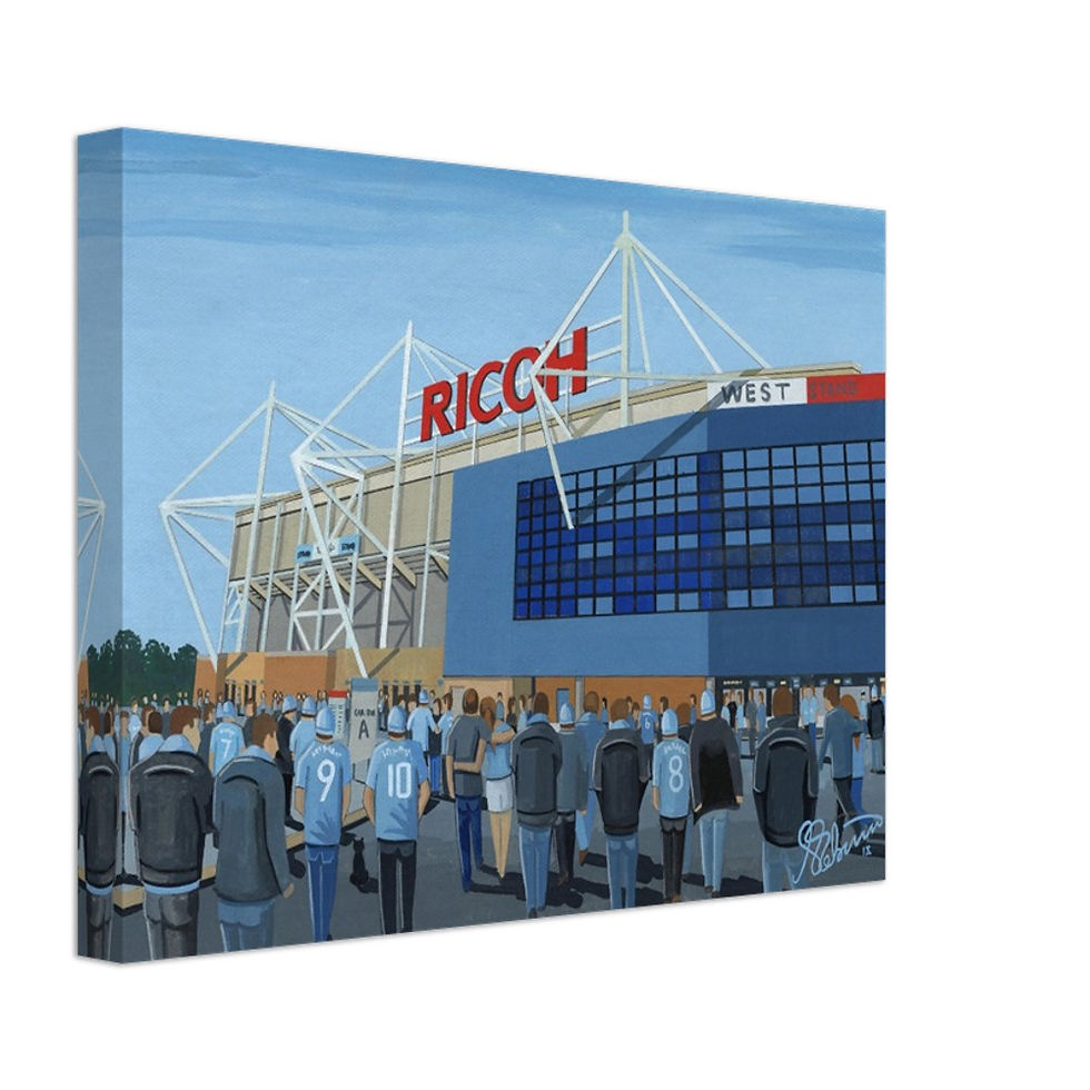 Thumbnail: Coventry City Fc Retro Ricoh  Football Stadium Scene by artist Andrew Robinson andrewrobinsonart.com. Available in fine art print, poster, canvas prints and mugs etc 