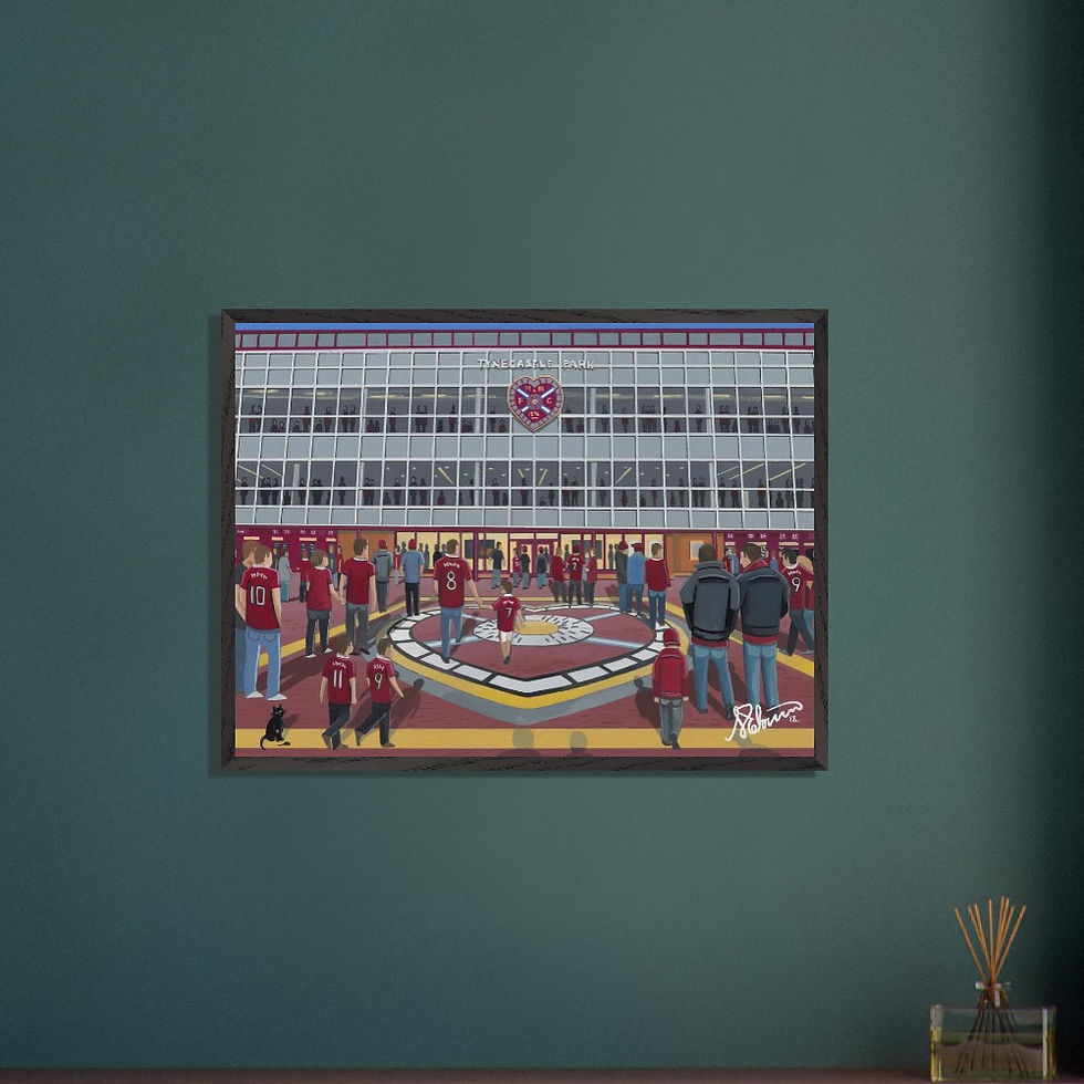 Thumbnail: Hearts FC Tynecastle Football Stadium Scene by artist Andrew Robinson andrewrobinsonart.com. Available in fine art print, poster, canvas prints and mugs etc