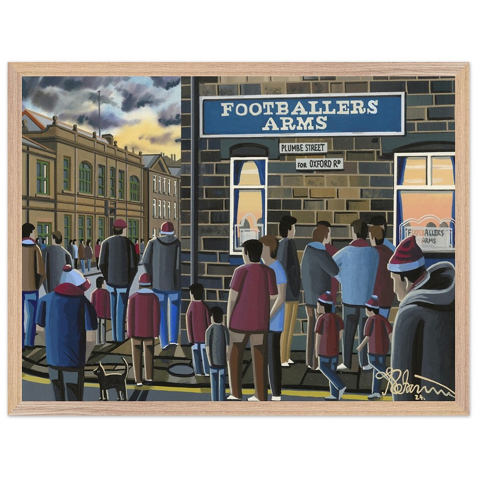 Thumbnail: Burnley FC retro Footballers Arms pub near Turf Moor football stadium scene by artist Andrew Robinson andrewrobinsonart.com. Available in fine art print, poster, canvas prints and mugs etc 