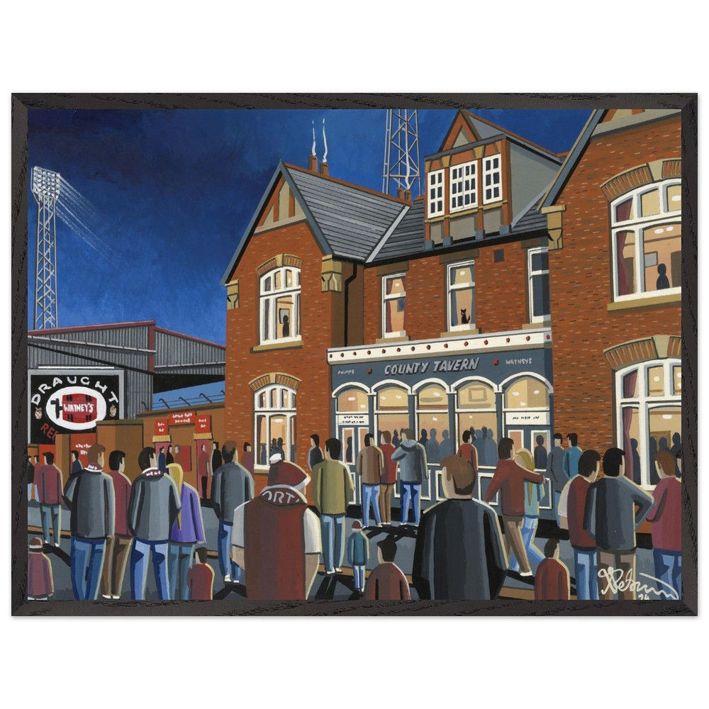Northampton Town F.C Retro County Ground Stadium By Artist Andrew Robinson andrewrobinsonart.com, Andrew Robinson art. Framed Fine Art Prints, Posters, Canvas Prints, Framed canvas prints, Ceramic Mugs etc sport, football, rugby, NFL