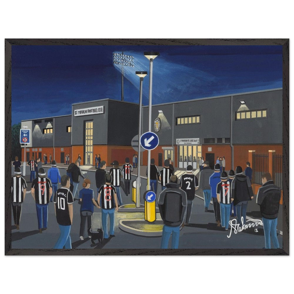 St Mirren FC, Mirren Park Football Stadium Scene by artist Andrew Robinson andrewrobinsonart.com. Available in fine art print, poster, canvas prints and mugs etc