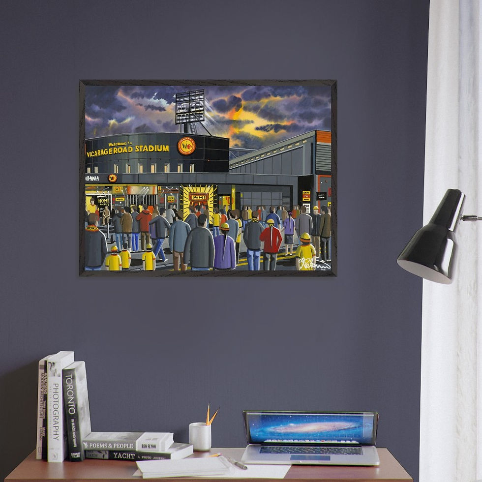 Thumbnail: Watford FC Vicargare Road Football Stadium Scene by artist Andrew Robinson andrewrobinsonart.com. Available in fine art print, poster, canvas prints and mugs etc 