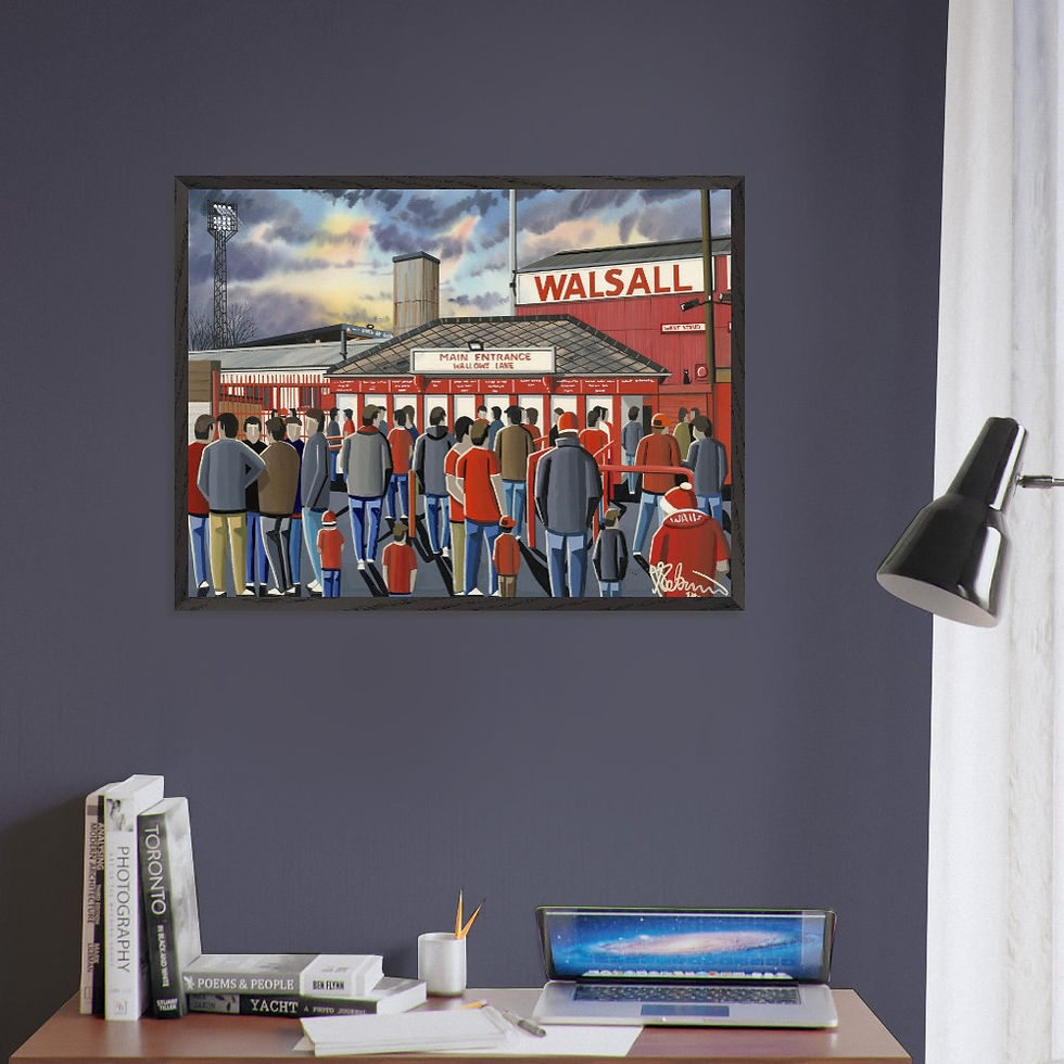 Thumbnail: Walsall FC retro Fellows Park football stadium scene by artist Andrew Robinson andrewrobinsonart.com. Available in fine art print, poster, canvas prints and mugs etc 