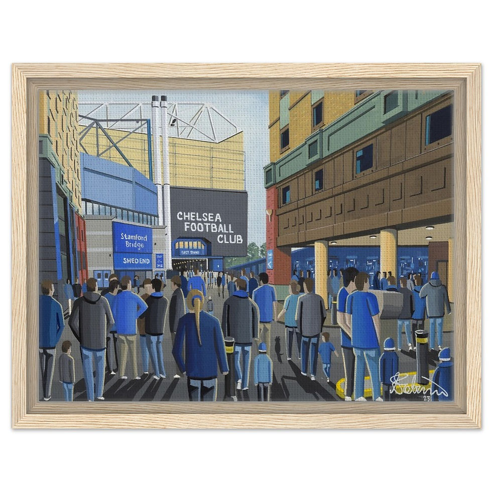 Thumbnail: Chelsea F.C, Stamford Bridge Stadium. Football Framed Canvas Print. Ceramic Mugs, Fine Art Prints and posters etc By Artist Andrew Robinson. andrewrobinsonart.com