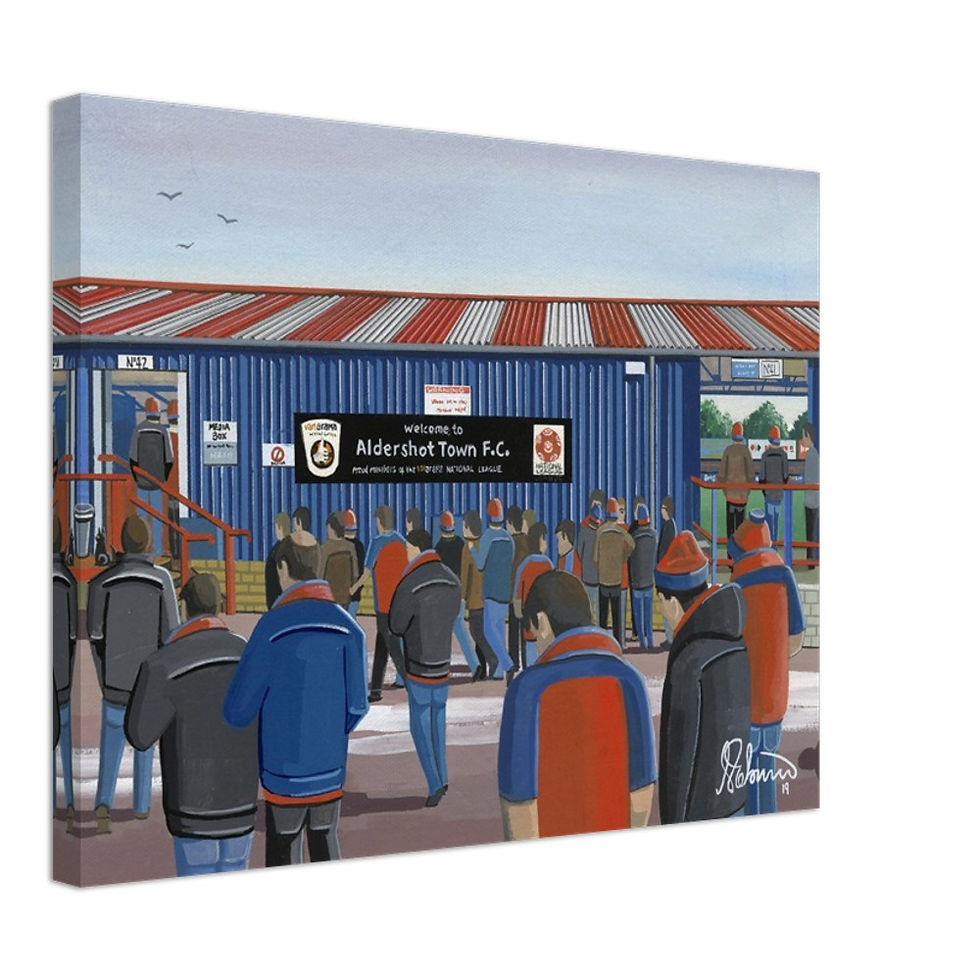 Aldershot Town FC Recreation Ground football stadium scene by artist Andrew Robinson andrewrobinsonart.com. Available in fine art print, poster, canvas prints and mugs etc 