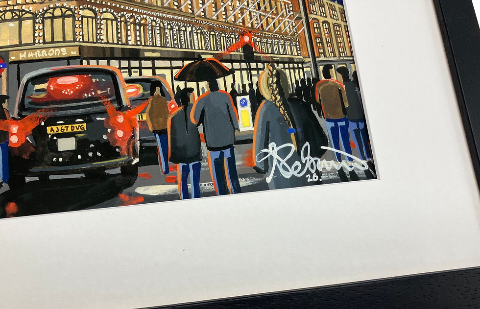 Eye-level view of Harrods department store illuminated at dusk. Painting by artist Andrew Robinson andrewrobinsonart.com