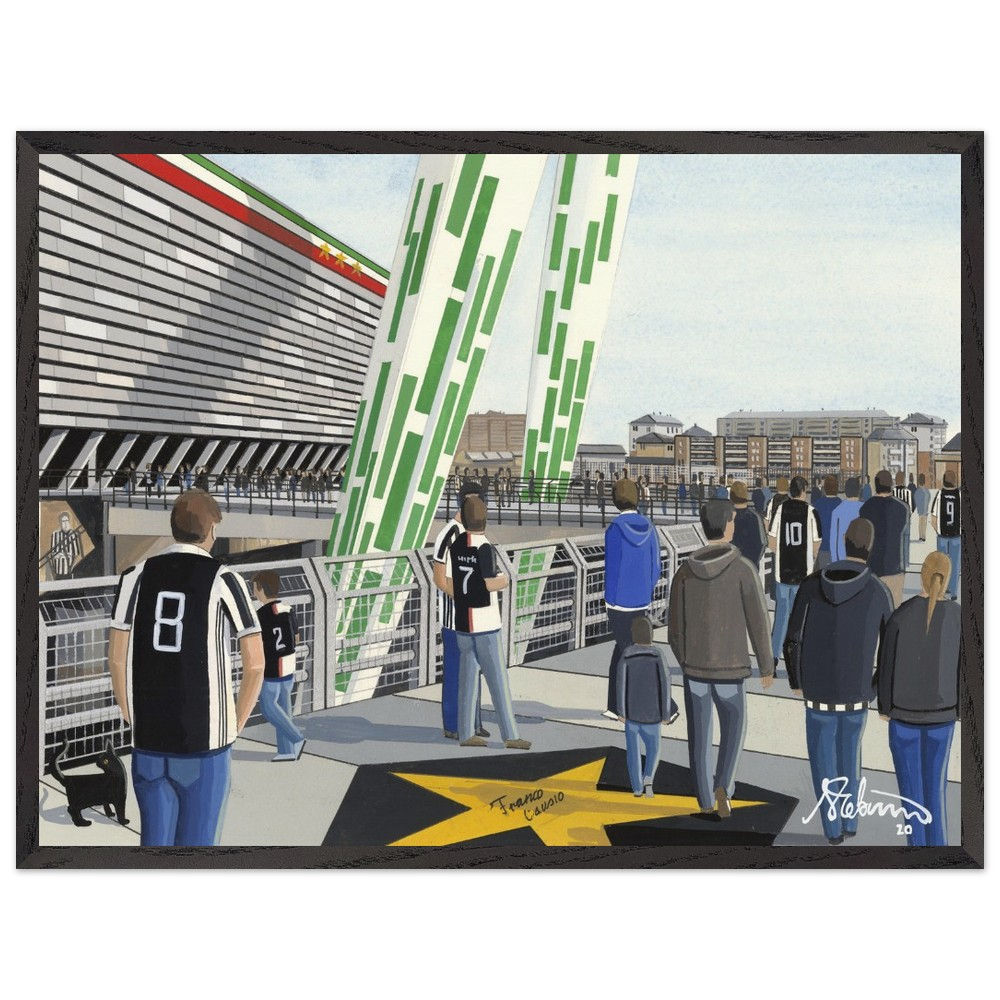 Juventus FC Allianz Arena football stadium scene by artist Andrew Robinson andrewrobinsonart.com. Available in fine art print, poster, canvas prints and mugs etc