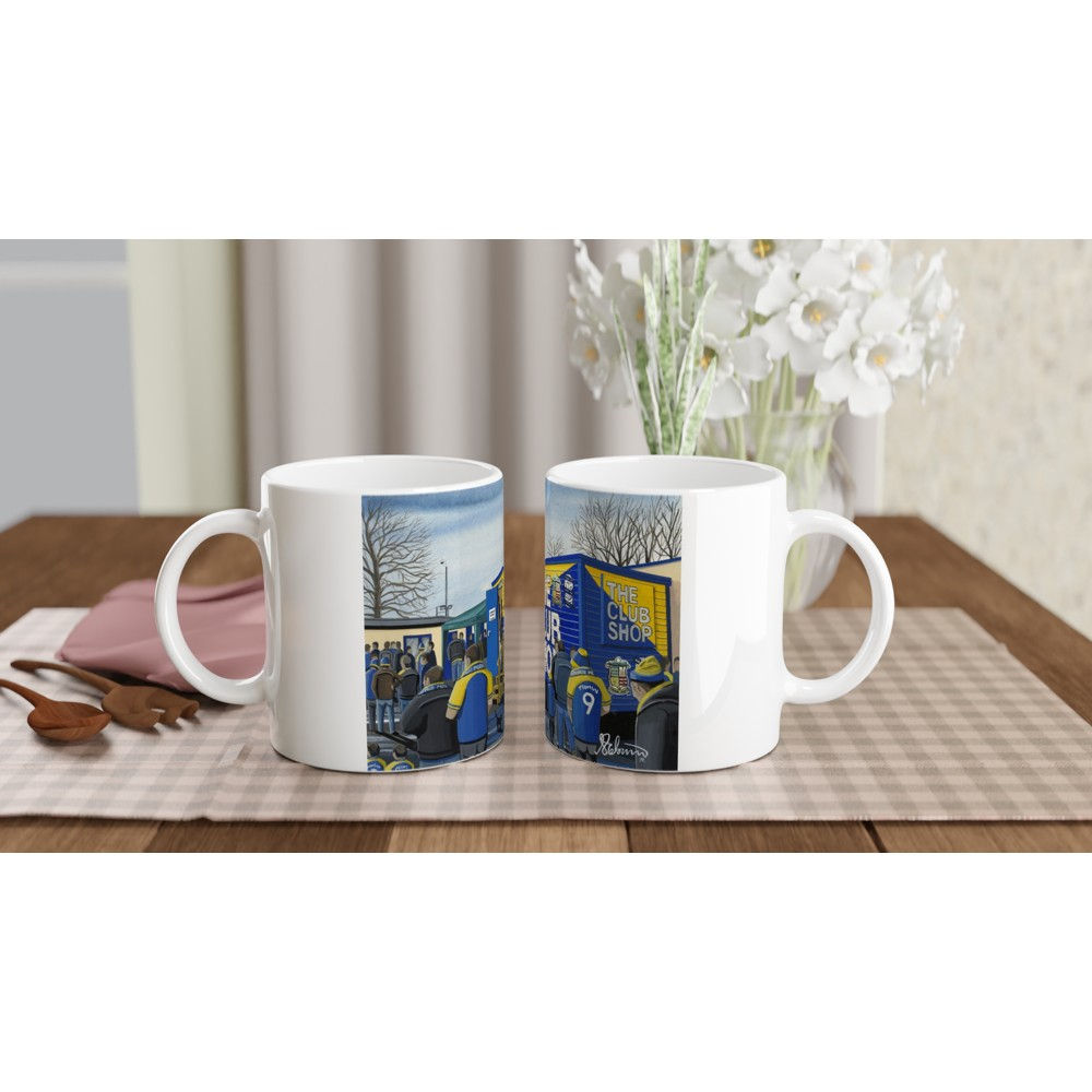 Solihull Moors FC Damson Park football stadium scene by artist Andrew Robinson andrewrobinsonart.com. Available in fine art print, poster, canvas prints and mugs etc