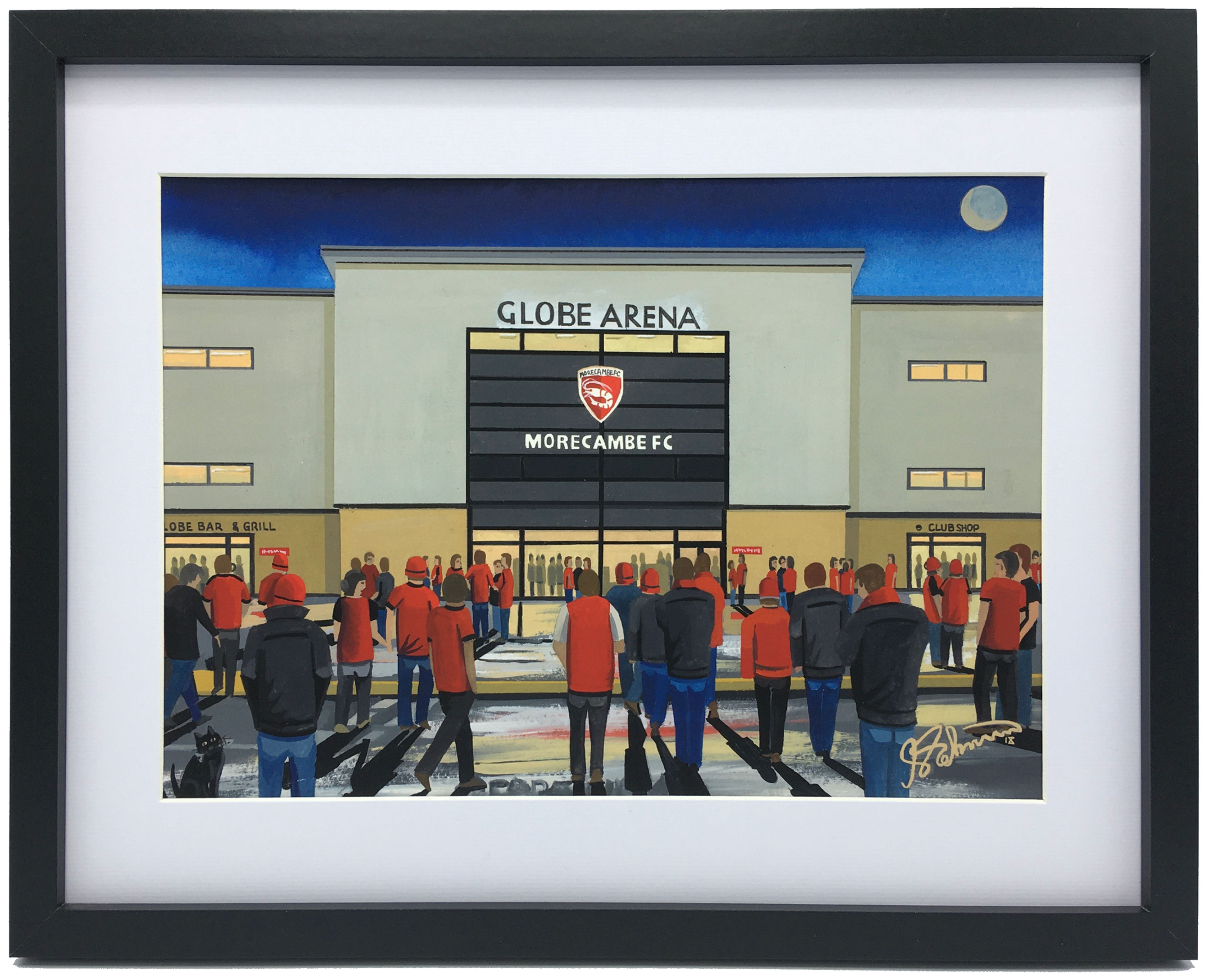 Morecambe Retro Globe Arena football stadium. Ready to hang framed & mounted art print. Ideal wall art football club F.C memorabilia gift for birthdays, Christmas, Father’s Day. Perfect addition to any home or office. By artist Andrew Robinson.