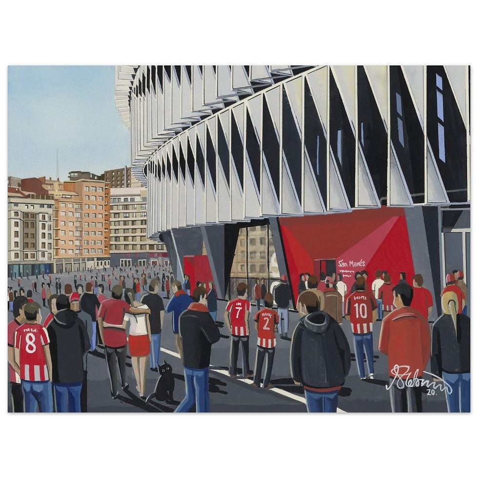 Thumbnail: Athletic Bilbao San Memes  football Stadium By Artist Andrew Robinson andrewrobinsonart.com, Andrew Robinson art .Framed Fine Art Prints, Posters, Canvas Prints, Framed canvas prints, Ceramic Mugs etc sport, football, rugby, NFL
