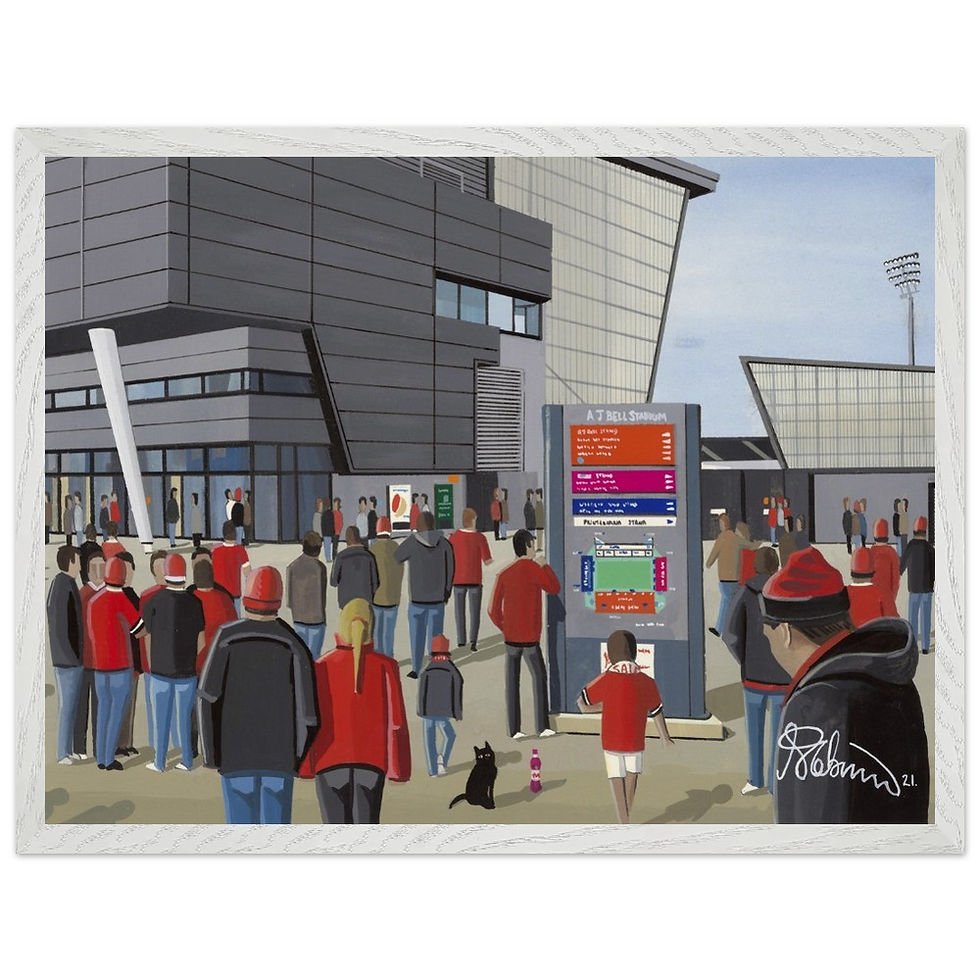 Thumbnail: Salford Red Devils A J Bell rugby stadium scene by artist Andrew Robinson andrewrobinsonart.com. Available in fine art print, poster, canvas prints and mugs etc 