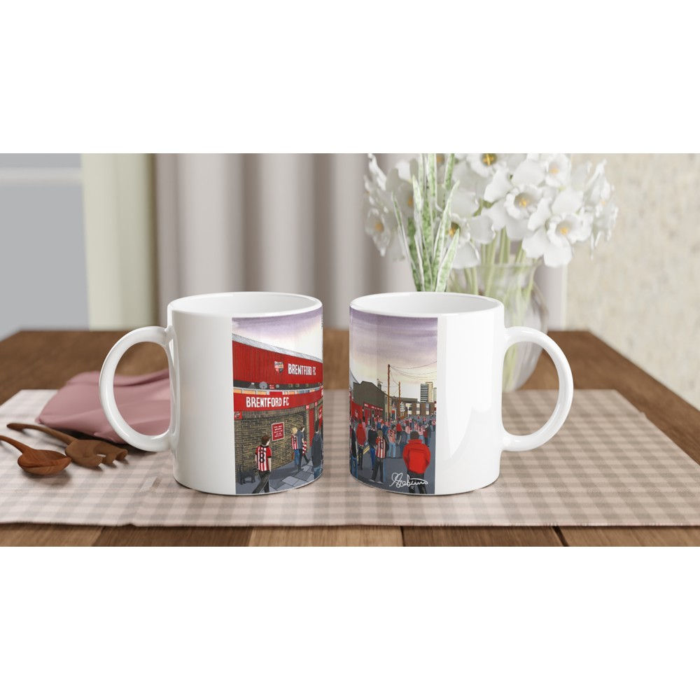 Brentford FC retro Griffin Park football stadium scene by artist Andrew Robinson andrewrobinsonart.com. Available in fine art print, poster, canvas prints and mugs etc