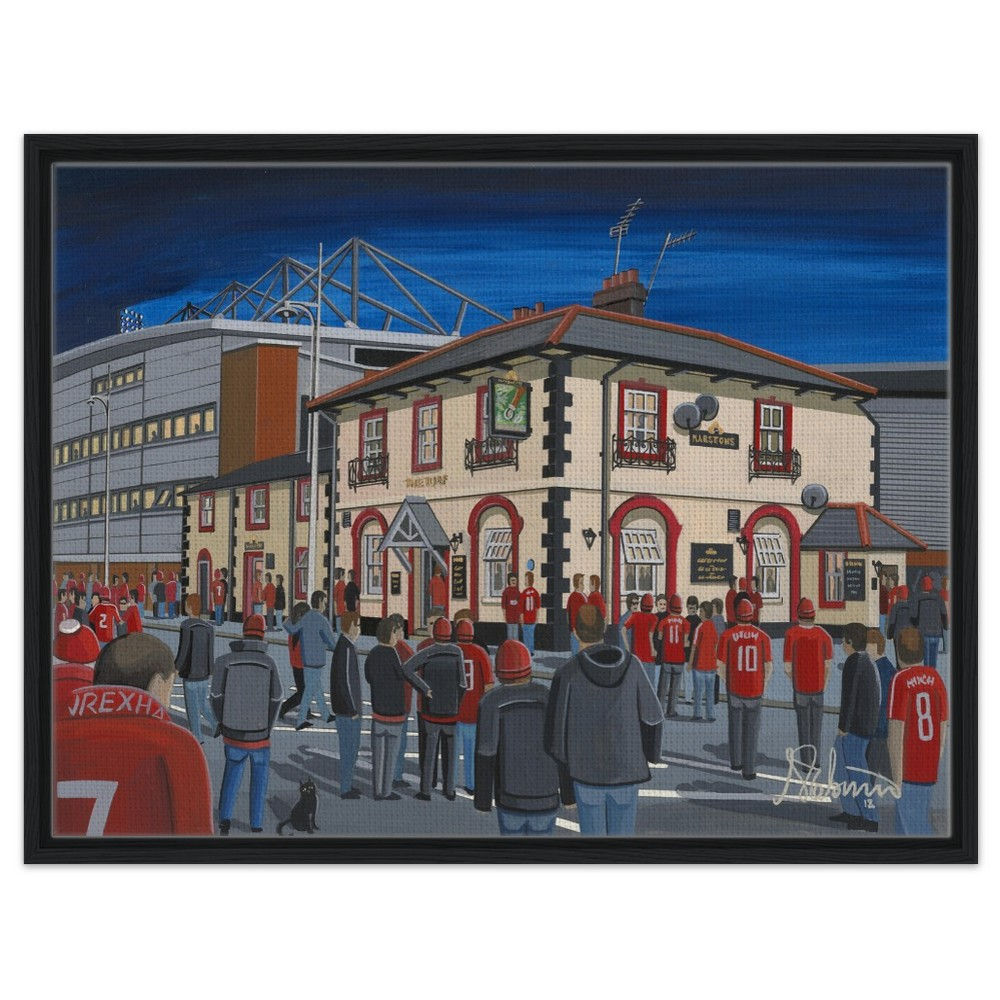 Wrexham AFC Racecourse Ground Football Stadium By Artist Andrew Robinson andrewrobinsonart.com, Andrew Robinson art .Framed Fine Art Prints, Posters, Canvas Prints, Framed canvas prints, Ceramic Mugs etc sport, football, rugby, NFL