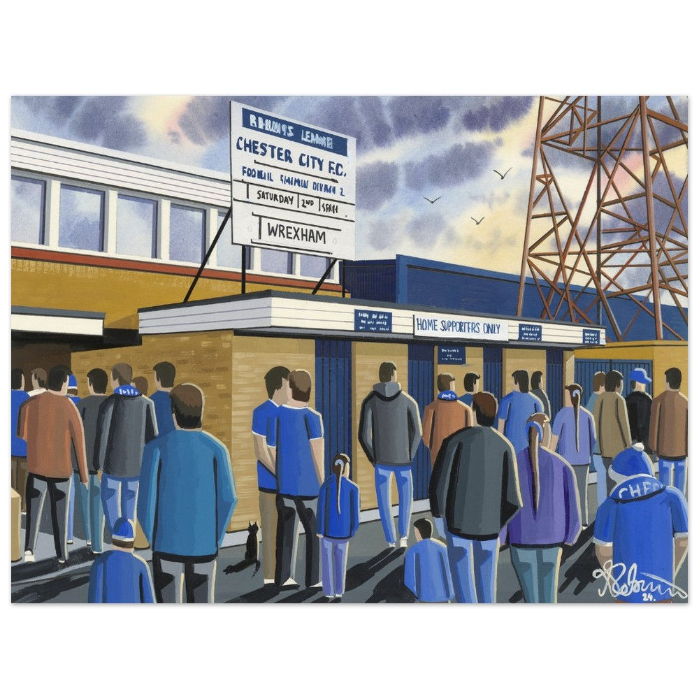 Retro Cheser City F.C Sealand Road Stadium By Artist Andrew Robinson, Framed Fine Art Prints, Posters, Canvas Prints, Framed canvas prints, Ceramic Mugs. andrewrobinsonart.com