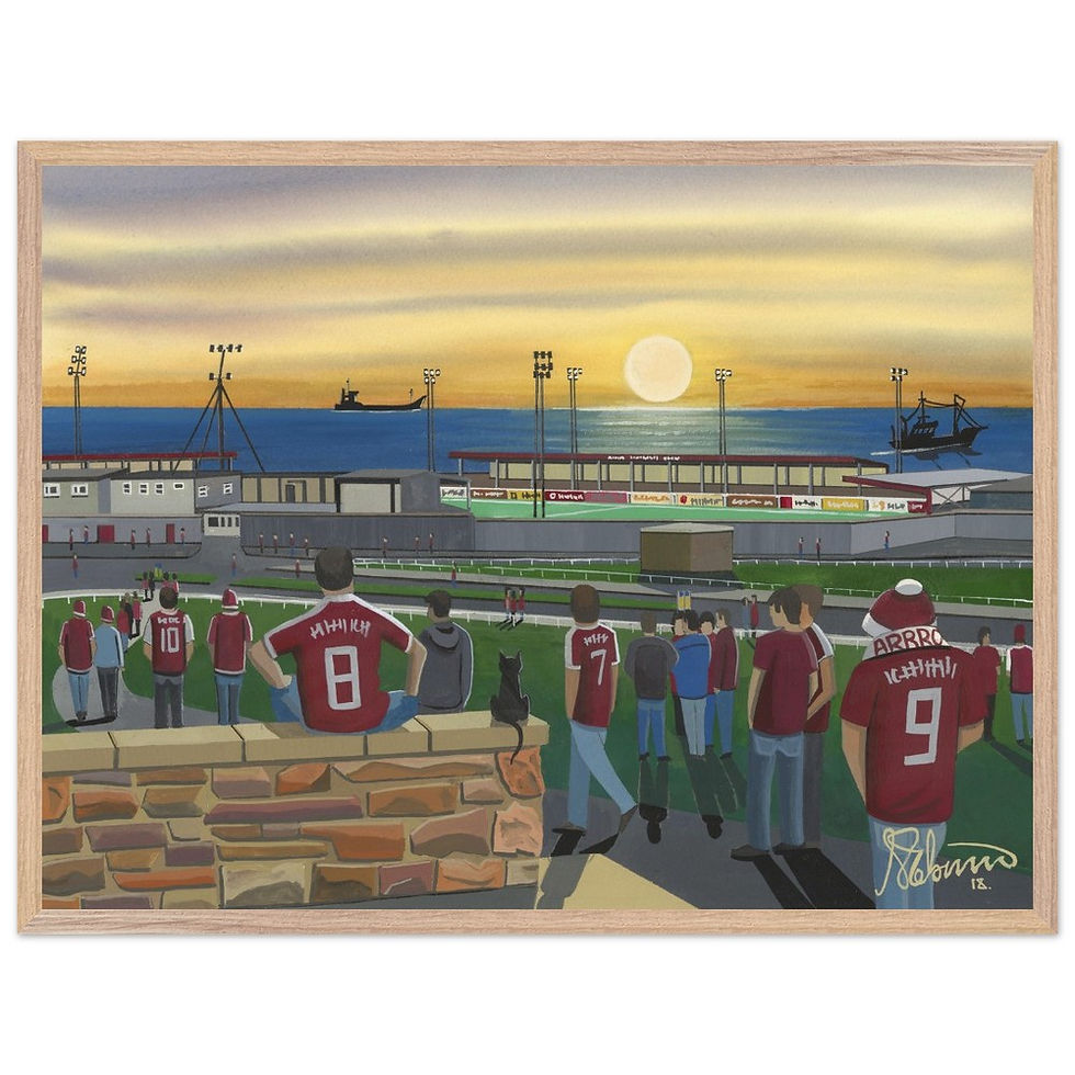 Thumbnail: Arbroath FC Gayfield Park football stadium scene by artist Andrew Robinson andrewrobinsonart.com. Available in fine art print, poster, canvas prints and mugs etc 