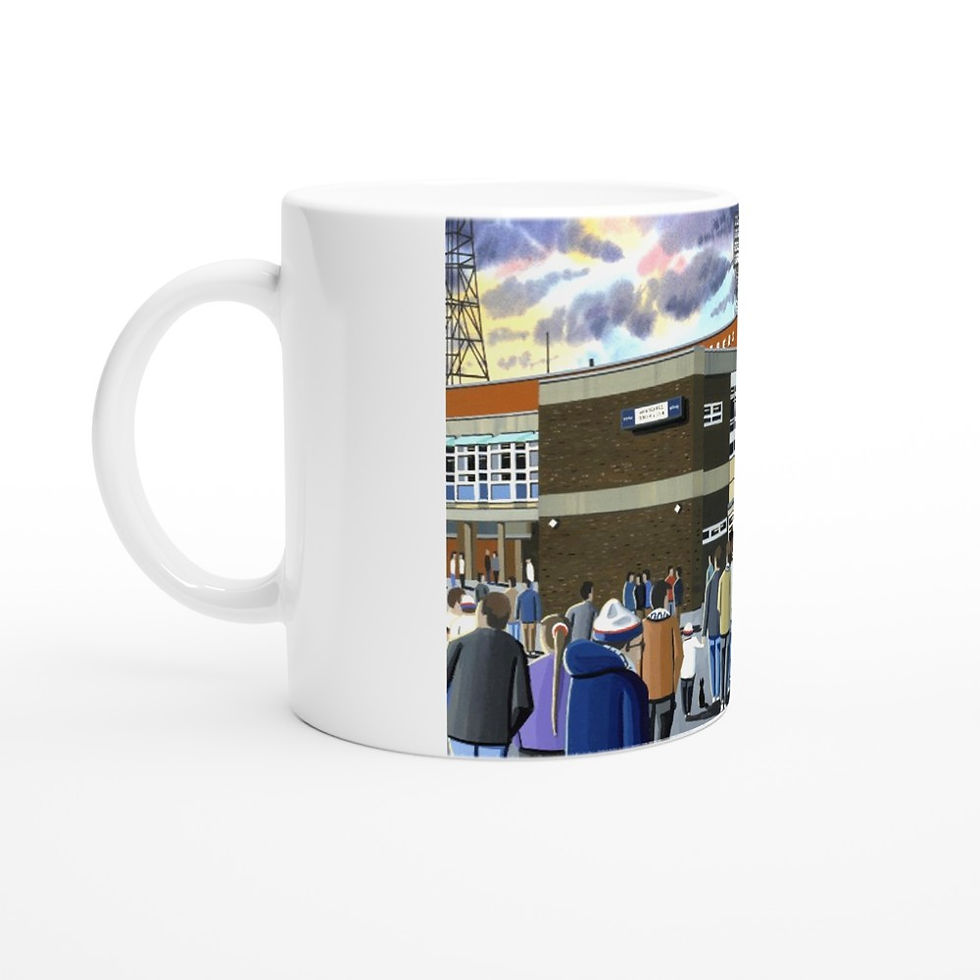 Thumbnail: Morecambe FC football stadium scene by artist Andrew Robinson andrewrobinsonart.com. Available in fine art print, poster, canvas prints and mugs etc 