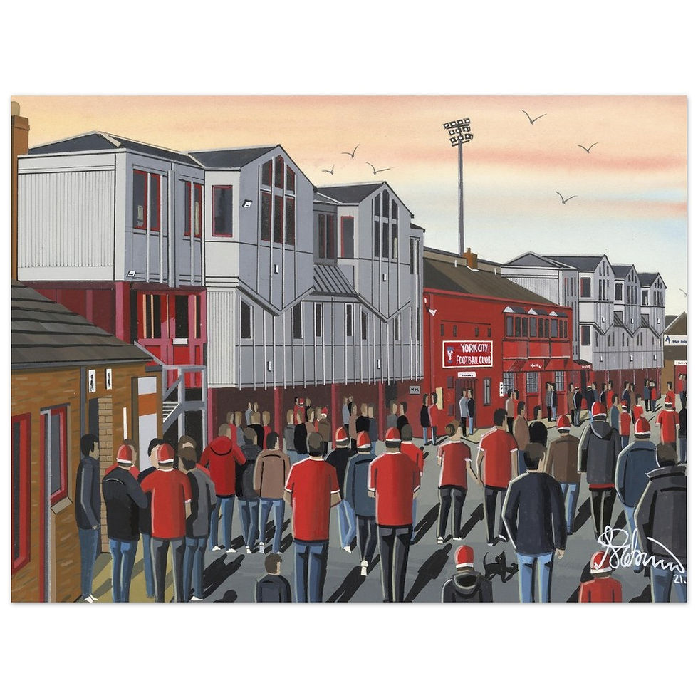 York City FC Retro Bootham Crescent Football Stadium Scene by artist Andrew Robinson andrewrobinsonart.com. Available in fine art print, poster, canvas prints and mugs etc