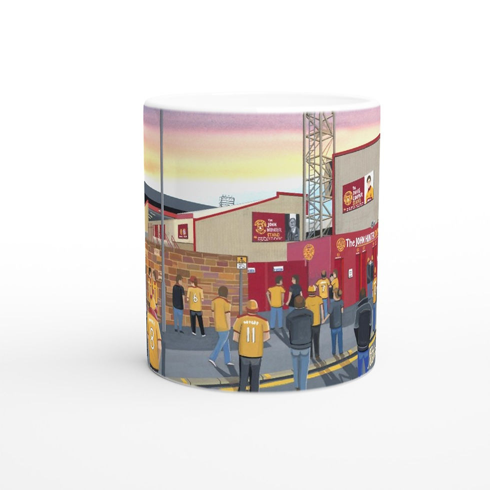Thumbnail: Motherwell FC Fir Park football stadium scene by artist Andrew Robinson andrewrobinsonart.com. Available in fine art print, poster, canvas prints and mugs etc 