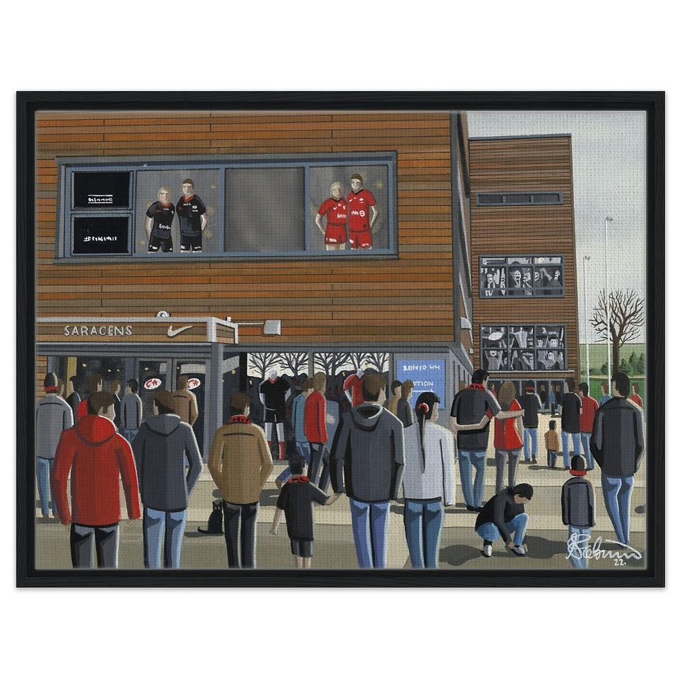 Thumbnail: Saracens rugby union Stadium By Artist Andrew Robinson andrewrobinsonart.com, Andrew Robinson art .Framed Fine Art Prints, Posters, Canvas Prints, Framed canvas prints, Ceramic Mugs etc sport, football, rugby, NFL