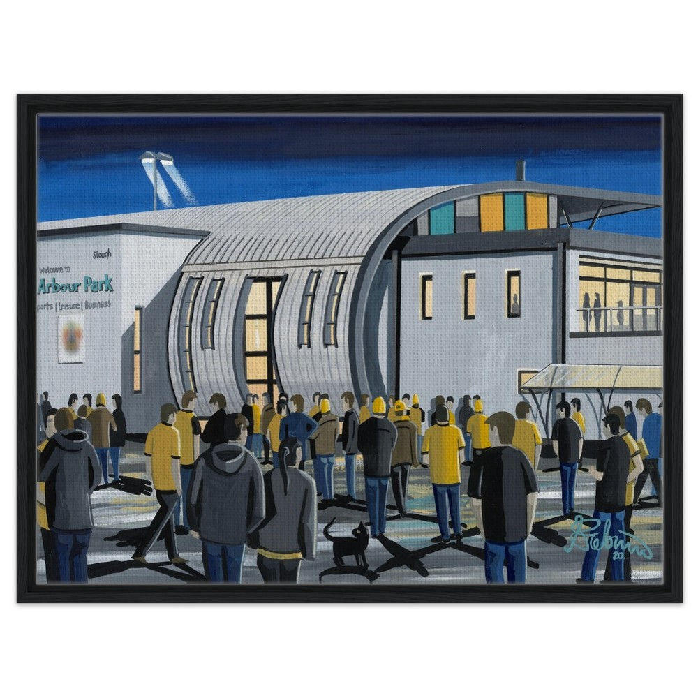 Slough Town F.C Football Stadium By Artist Andrew Robinson andrewrobinsonart.com, Andrew Robinson art .Framed Fine Art Prints, Posters, Canvas Prints, Framed canvas prints, Ceramic Mugs etc sport, football, rugby, NFL