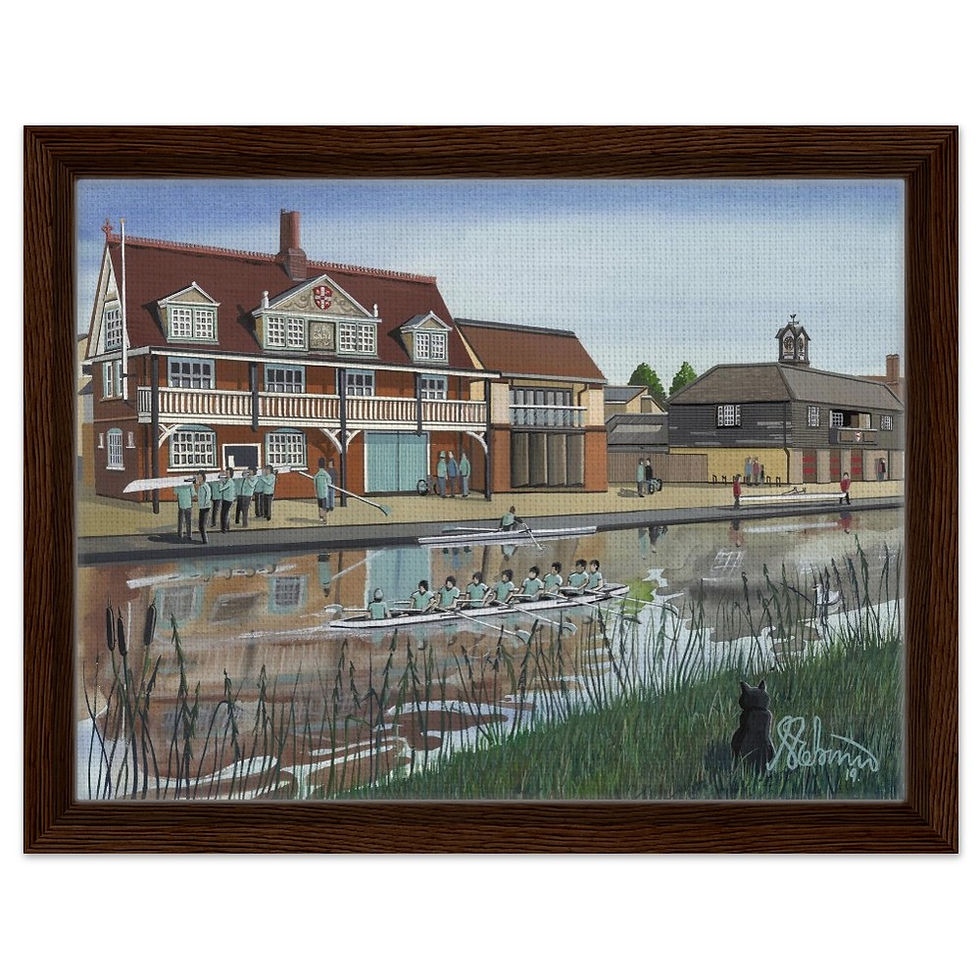 Thumbnail: Cambridge University Goldie Boathouse, River Cam Cambridge, Scene by artist Andrew Robinson andrewrobinsonart.com. Available in fine art print, poster, canvas prints and mugs etc