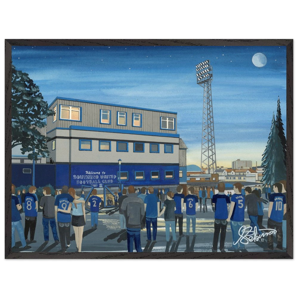 Southend United FC Roots Hall  football stadium scene by artist Andrew Robinson andrewrobinsonart.com. Available in fine art print, poster, canvas prints and mugs etc 