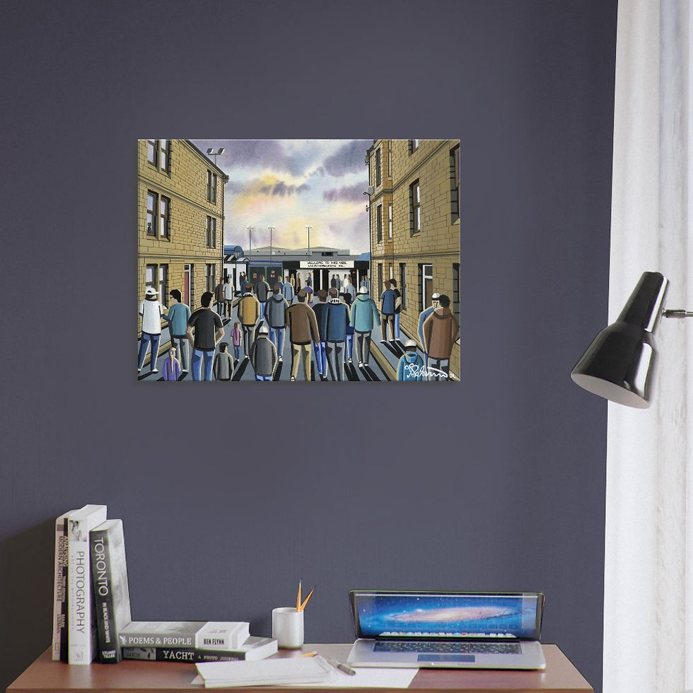 Thumbnail: East Stirlingshire F.C, Retro Firs Park Stadium By Artist Andrew Robinson andrewrobinsonart.com, Andrew Robinson art. Framed Fine Art Prints, Posters, Canvas Prints, Framed canvas prints, Ceramic Mugs etc sport, football, rugby, NFL