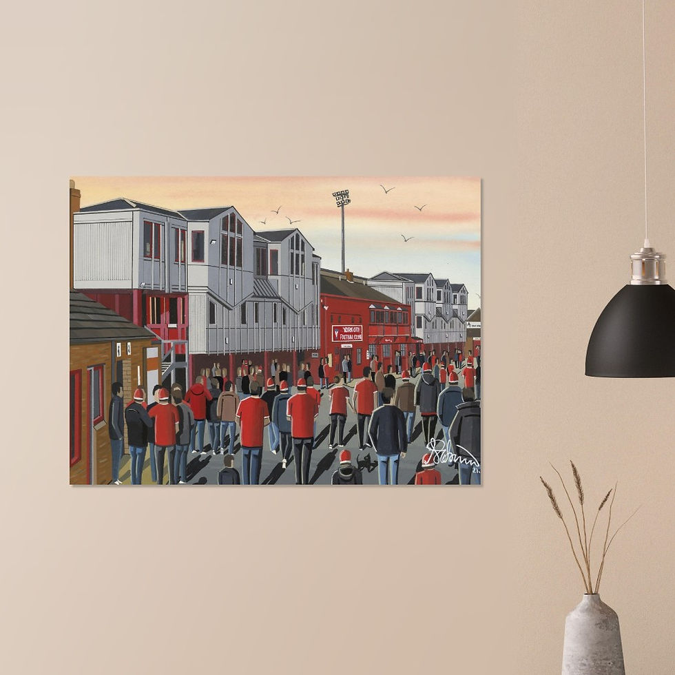 Thumbnail: York City FC Retro Bootham Crescent Football Stadium Scene by artist Andrew Robinson andrewrobinsonart.com. Available in fine art print, poster, canvas prints and mugs etc 