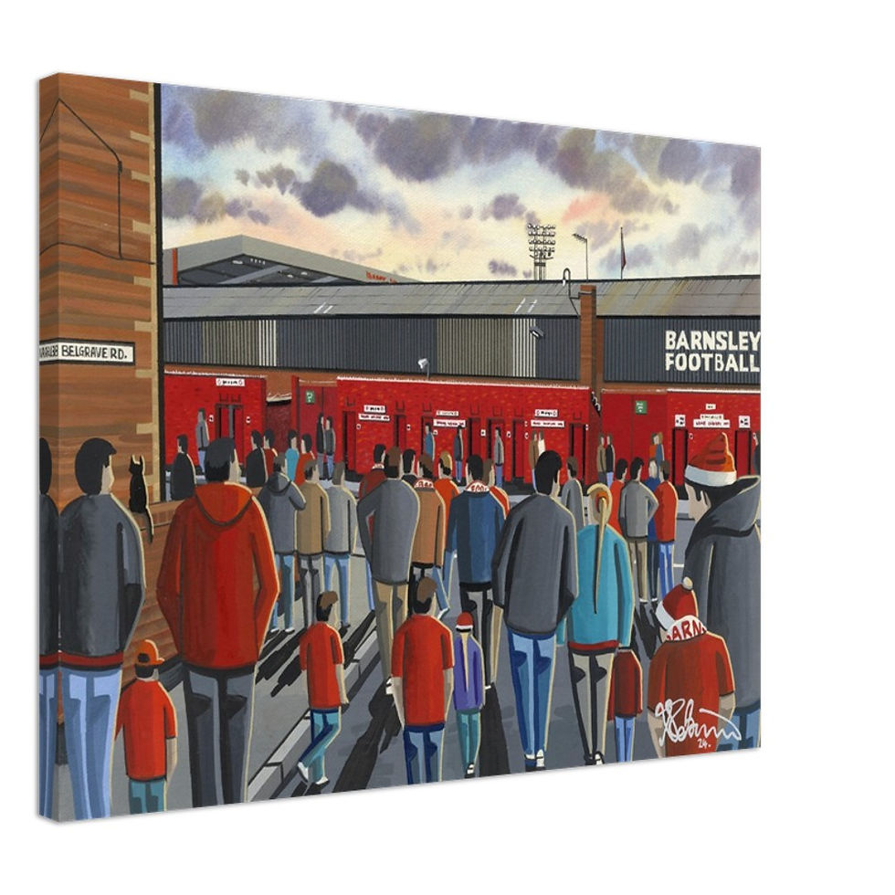 Barnsley FC Oakwell Football Stadium Scene by artist Andrew Robinson andrewrobinsonart.com. Available in fine art print, poster, canvas prints and mugs etc