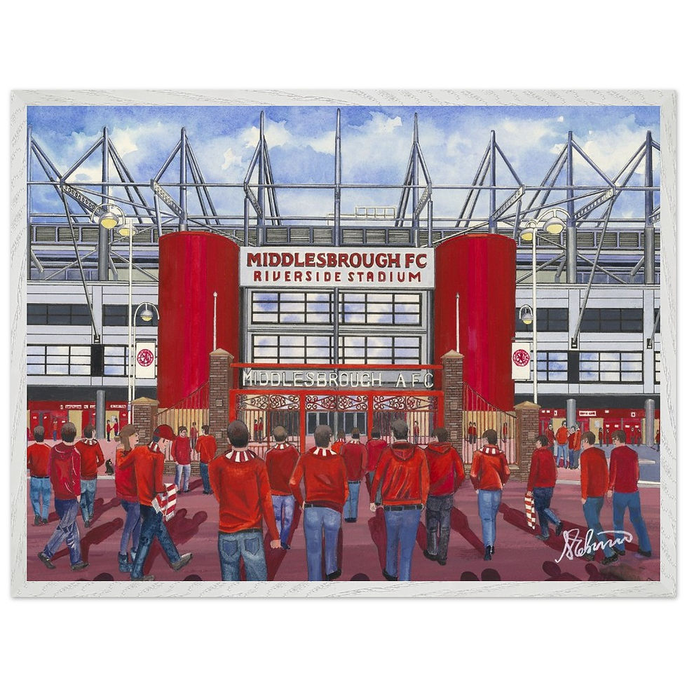 Thumbnail: Middlesbrough FC Riverside  football stadium scene by artist Andrew Robinson andrewrobinsonart.com. Available in fine art print, poster, canvas prints and mugs etc West brom West bromich Albion The Hawthorns football stadium scene by artist Andrew Robinson andrewrobinsonart.com. Available in fine art print, poster, canvas prints and mugs etc 