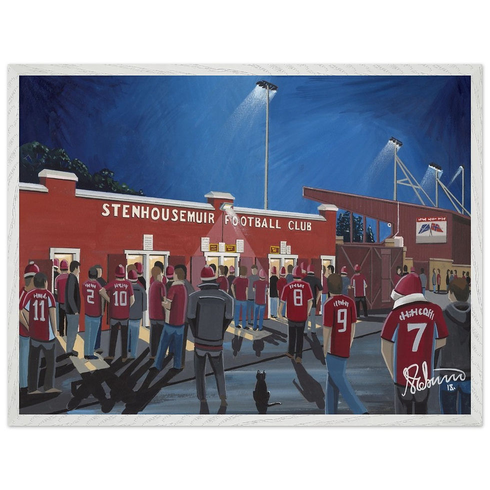 Thumbnail: Stenhousemuir FC Ochilview Park Stadium Scene by artist Andrew Robinson andrewrobinsonart.com. Available in fine art print, poster, canvas prints and mugs etc 