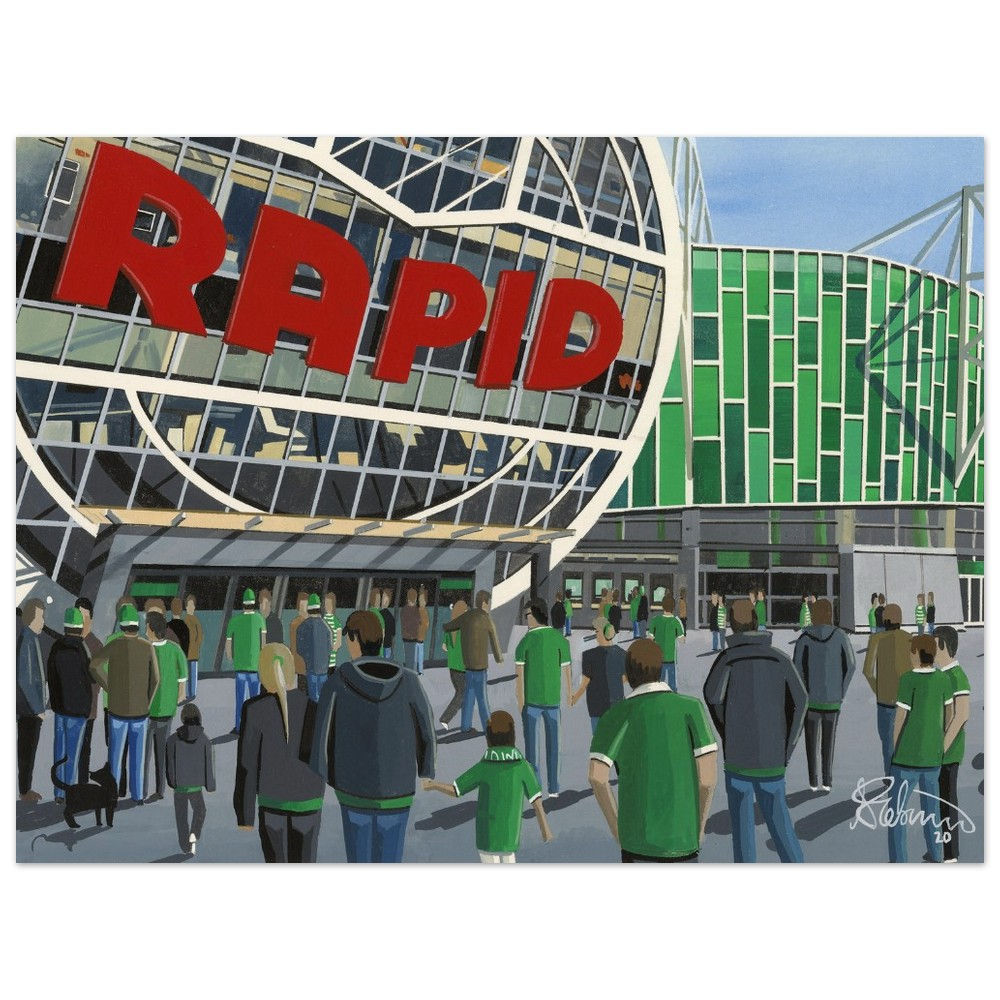 Rapid Vienna Allianz Stadion football stadium scene by artist Andrew Robinson andrewrobinsonart.com. Available in fine art print, poster, canvas prints and mugs etc