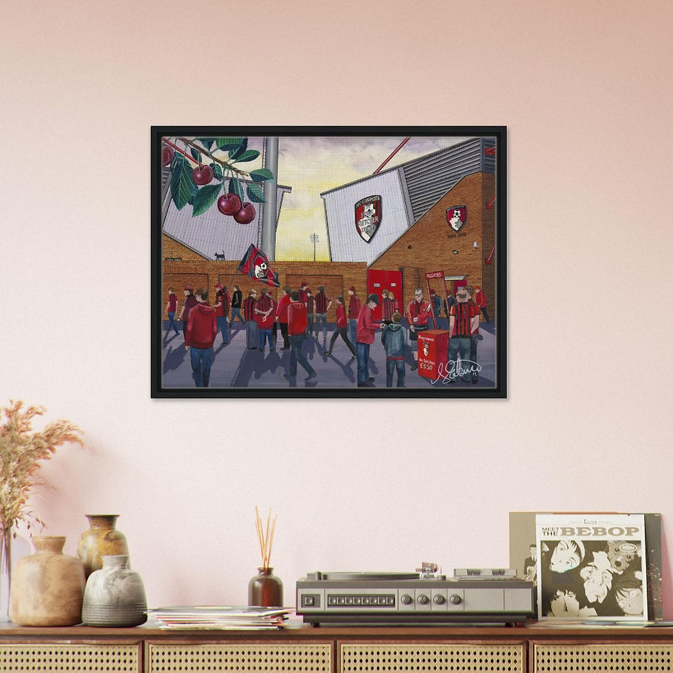 Thumbnail: AFC Bournemouth Dean Court Stadium. Football Framed Canvas Print. Ceramic Mugs, Fine Art Prints and posters etc By Artist Andrew Robinson. andrewrobinsonart.com