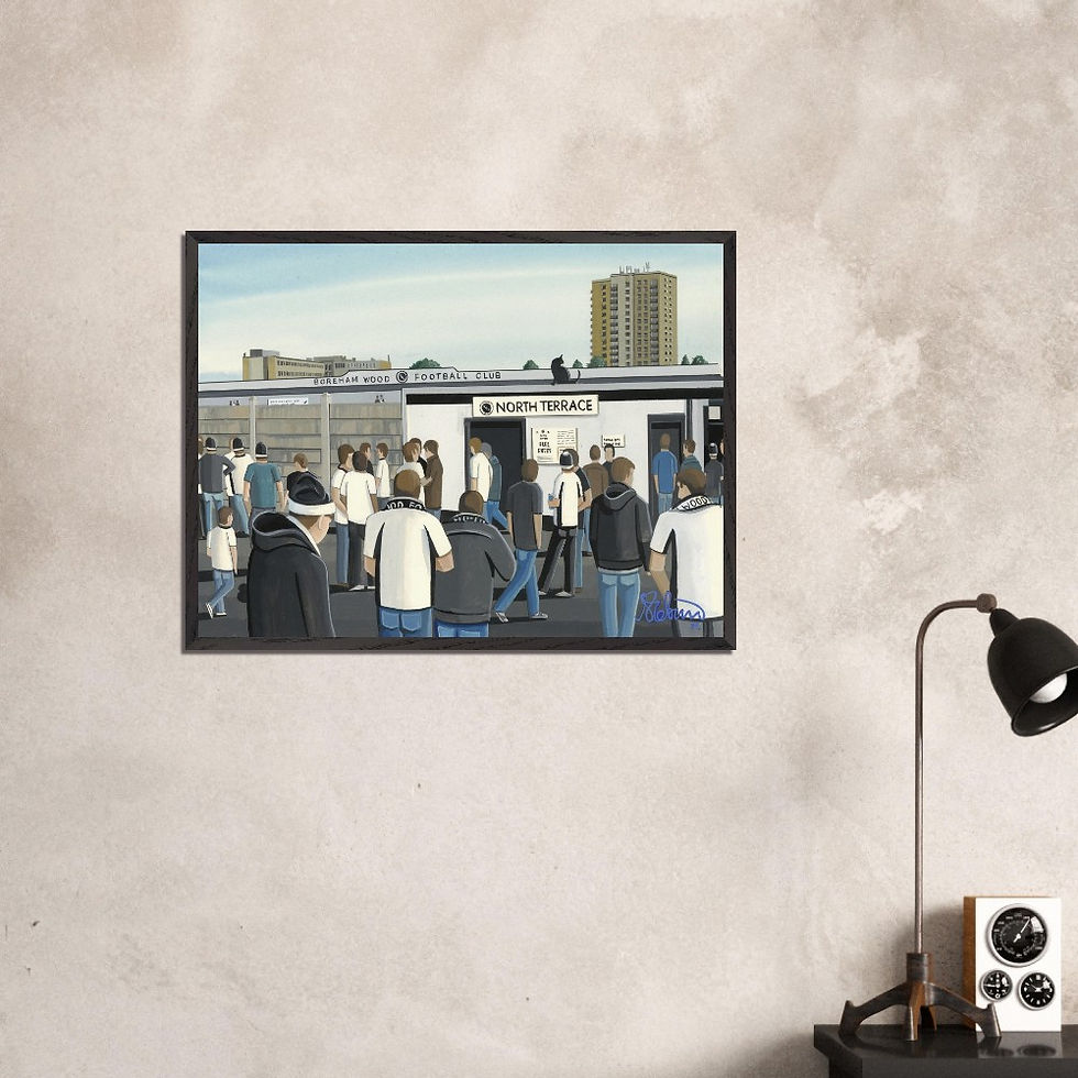 Thumbnail: Boreham Wood FC Meadow Park football stadium scene by artist Andrew Robinson andrewrobinsonart.com. Available in fine art print, poster, canvas prints and mugs etc 