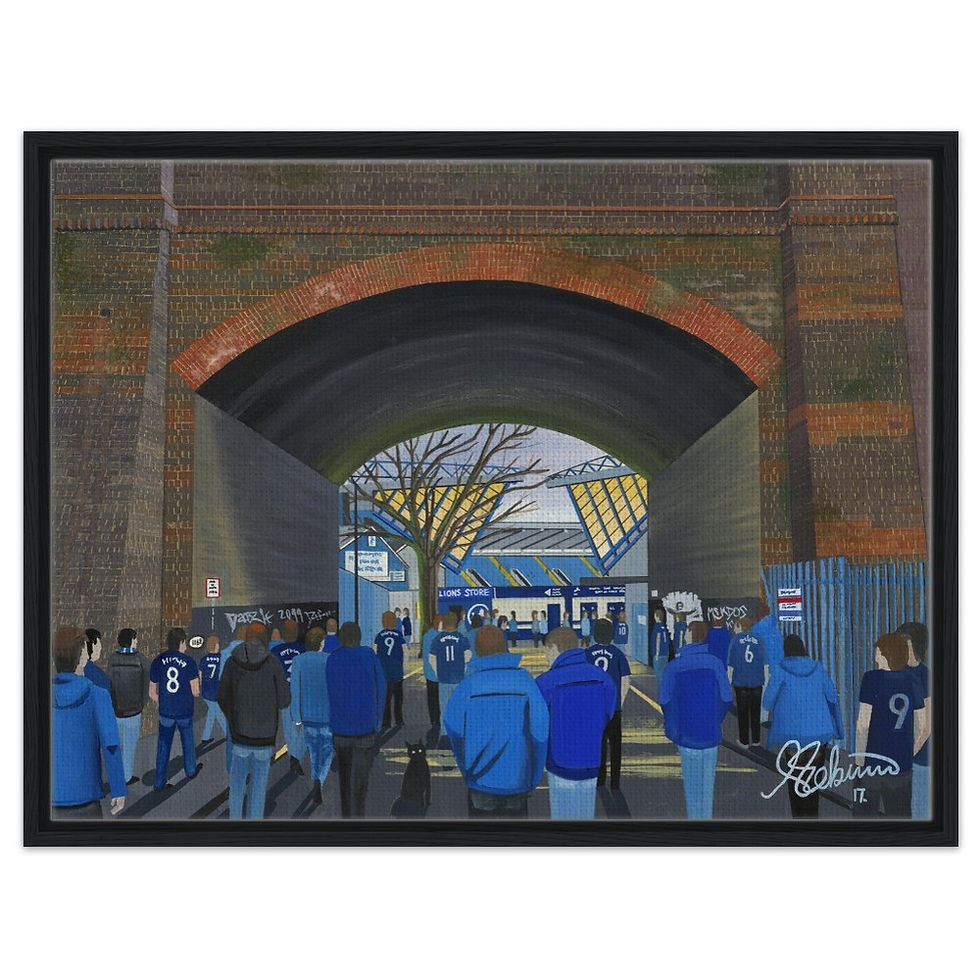 Millwall F.C The Den Football Stadium By Artist Andrew Robinson andrewrobinsonart.com, framed Fine Art Prints Posters, Canvas Prints, Ceramic Mugs etc