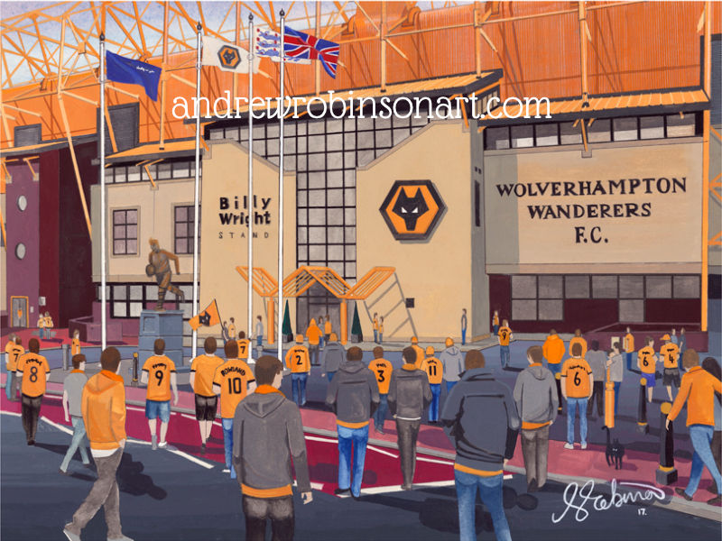Wolves, Wolverhampton , Art Print. Hand Painted Football Stadium Scene by Artist Andrew Robinson. andrewrobinsonart.com