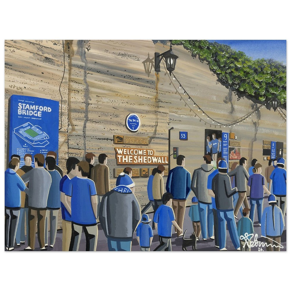 Thumbnail: Chelsea FC Stamford Bridge  football stadium scene by artist Andrew Robinson andrewrobinsonart.com. Available in fine art print, poster, canvas prints and mugs etc 