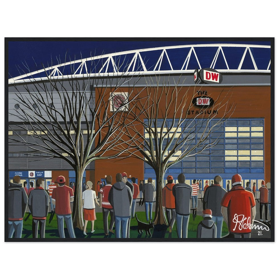 Wigan Warriors rugby stadium scene by artist Andrew Robinson andrewrobinsonart.com. Available in fine art print, poster, canvas prints and mugs etc