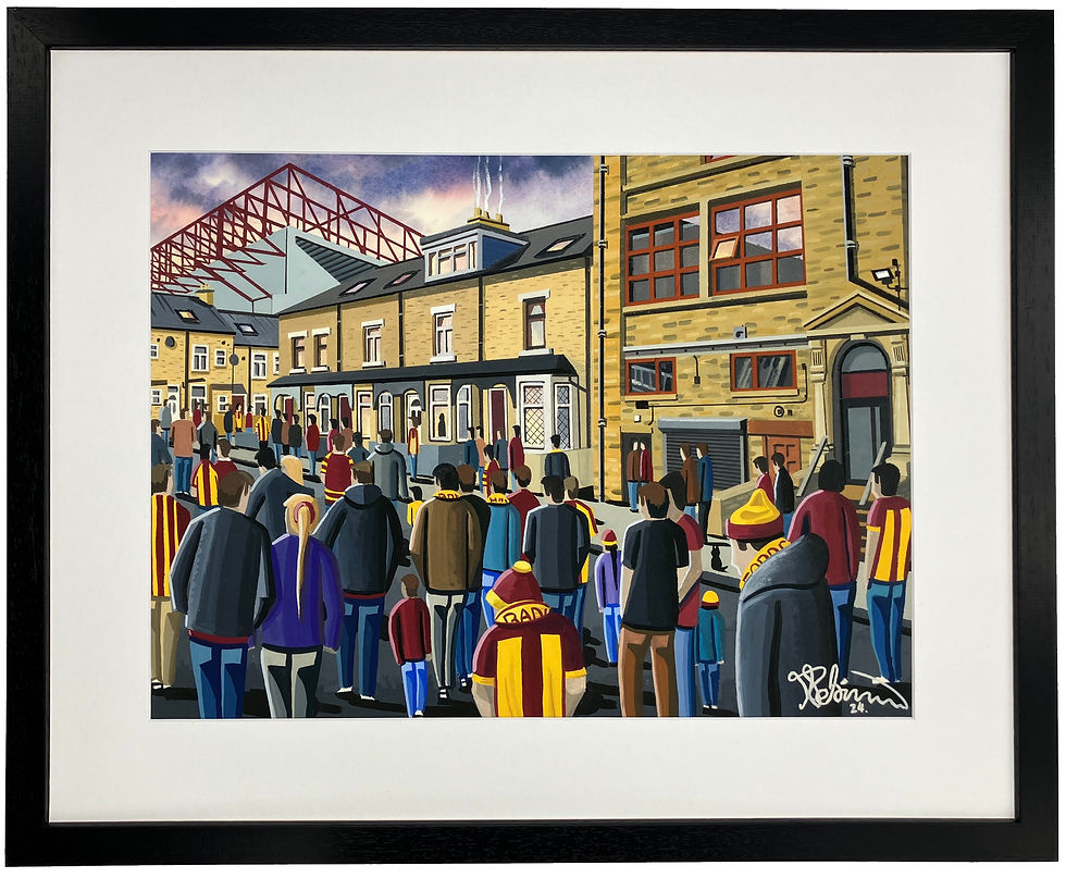 Bradford City Fc Valley Parade Football Stadium Scene by artist Andrew Robinson andrewrobinsonart.com. Available in fine art print, poster, canvas prints and mugs etc