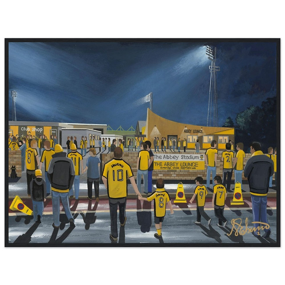Cambridge United FC Abbey football stadium scene by artist Andrew Robinson andrewrobinsonart.com. Available in fine art print, poster, canvas prints and mugs etc