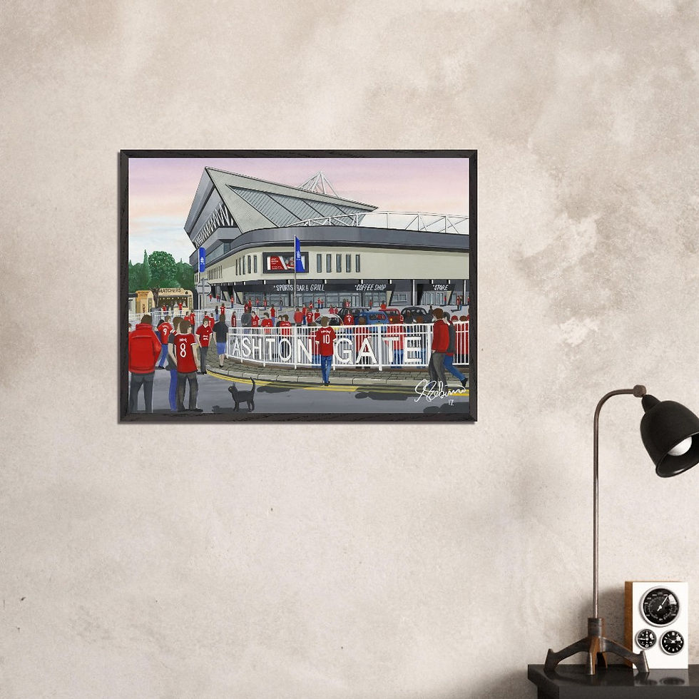 Thumbnail: Bristol City FC Ashton Gate  Football Stadium Scene by artist Andrew Robinson andrewrobinsonart.com. Available in fine art print, poster, canvas prints and mugs etc 