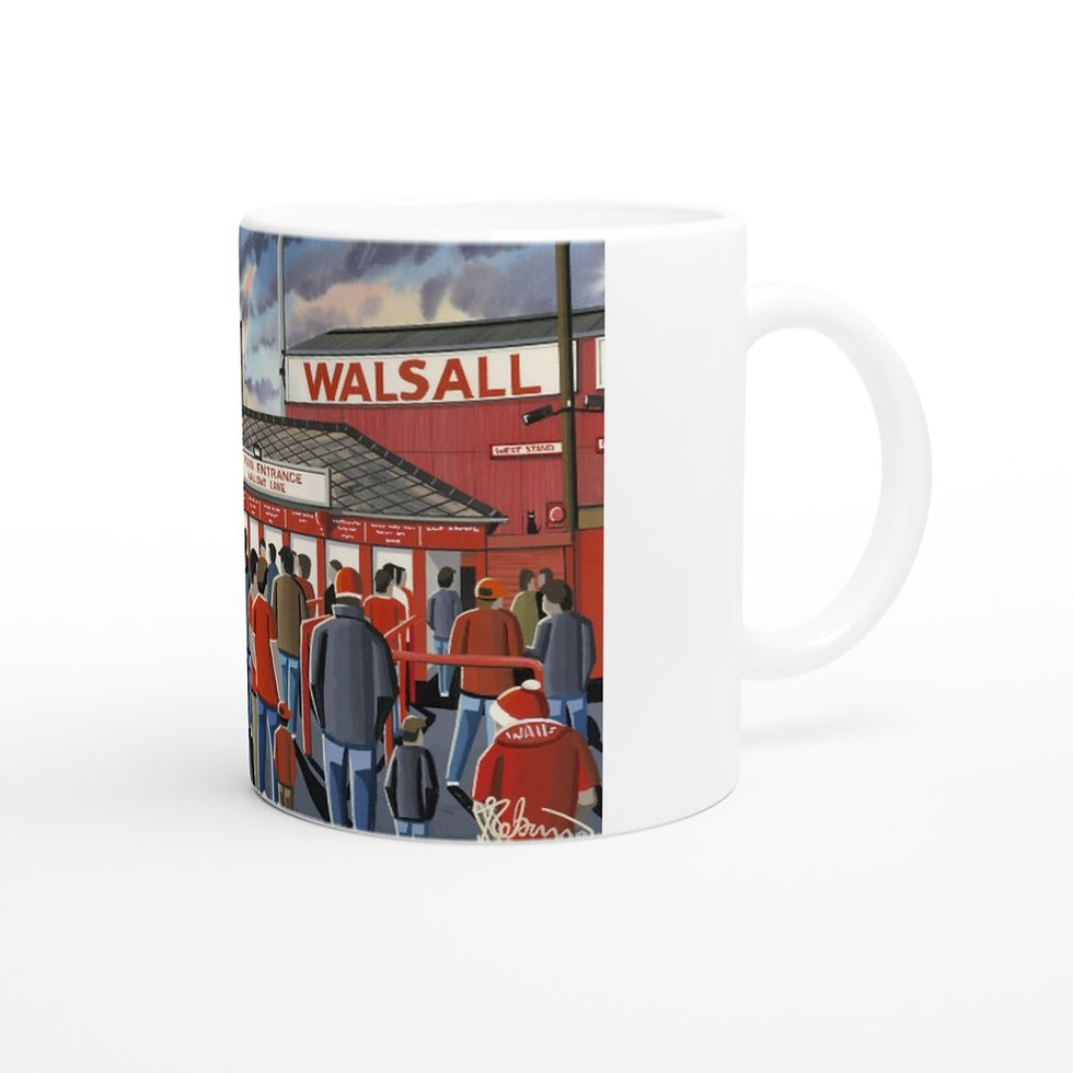 Thumbnail: Walsall Fc Retro Fellows ParkFootball Stadium Scene by artist Andrew Robinson andrewrobinsonart.com. Available in fine art print, poster, canvas prints and mugs etc 