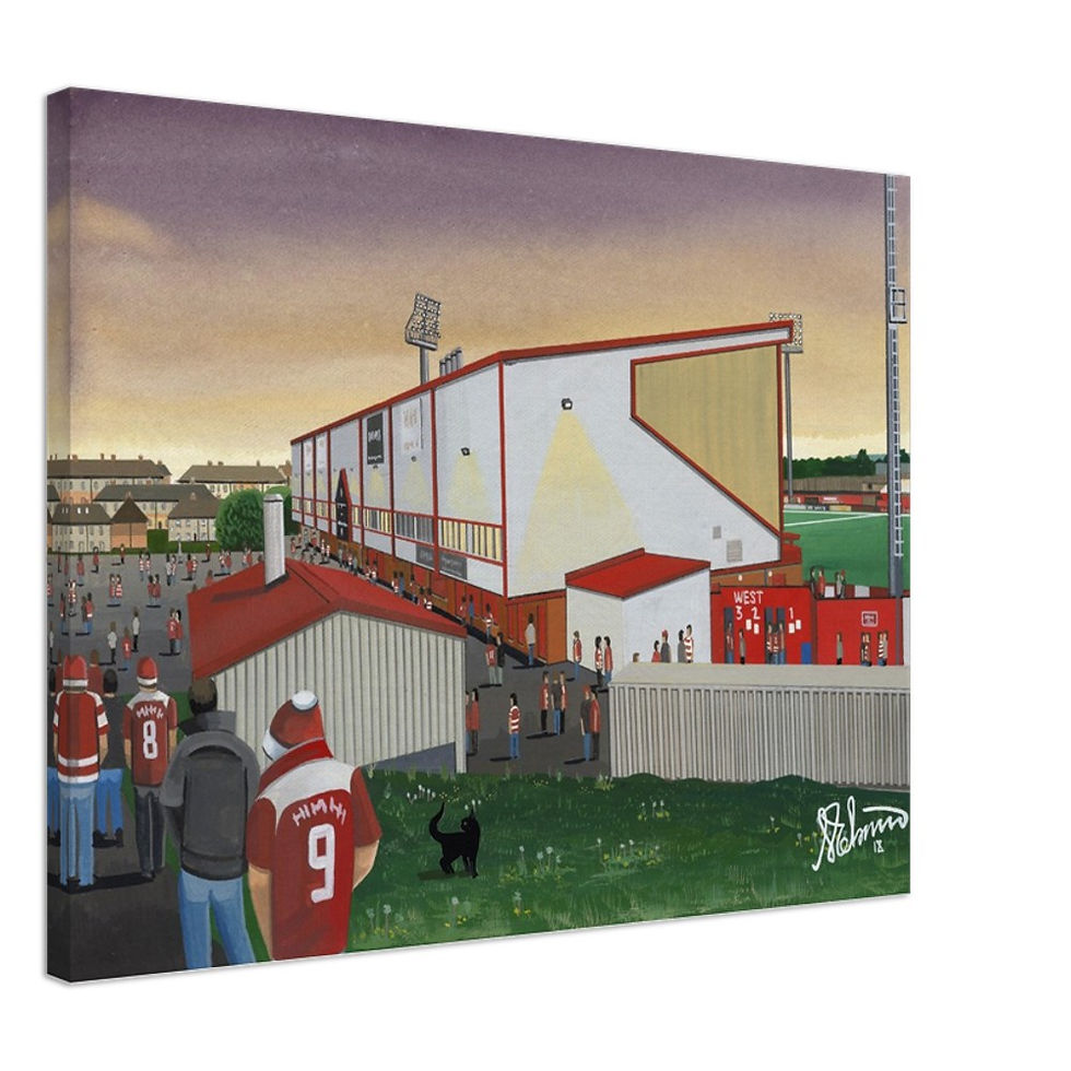 Hamilton Academical F.C, Football Stadium By Artist Andrew Robinson andrewrobinsonart.com, Andrew Robinson art .Framed Fine Art Prints, Posters, Canvas Prints, Framed canvas prints, Ceramic Mugs etc sport, football, rugby, NFL