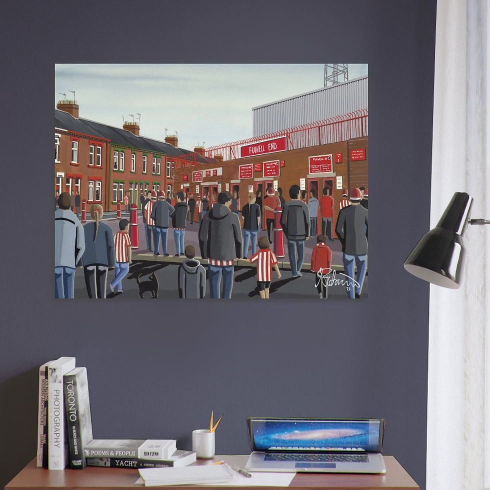 Thumbnail: Sunderland AFC Retro Roker Park Stadium Scene by artist Andrew Robinson andrewrobinsonart.com. Available in fine art print, poster, canvas prints and mugs etc