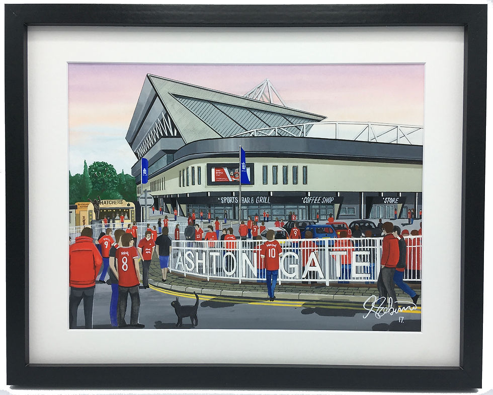 Bristol C, Ashton Gate. Football stadium. Ready to hang framed & mounted City art print. Ideal wall art football club F.C memorabilia gift for birthdays, Christmas, Father’s Day. Perfect addition to any home or office. By artist Andrew Robinson.
