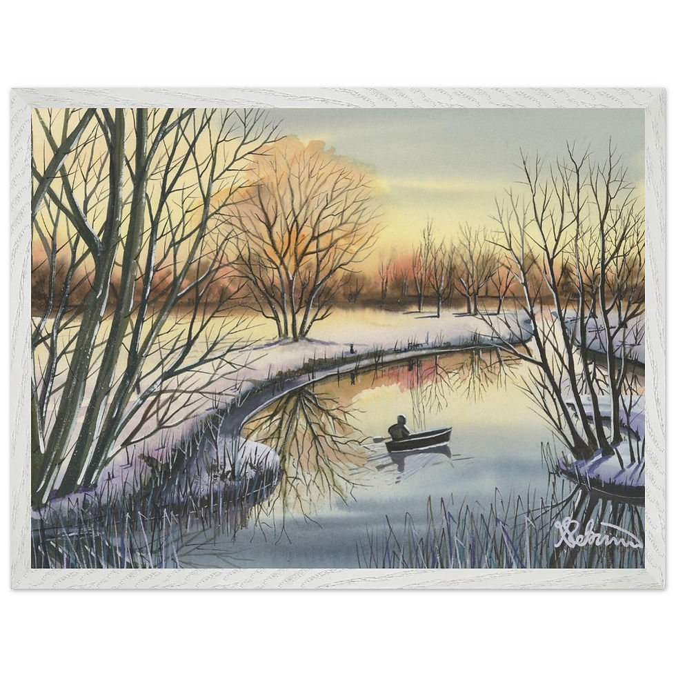 Thumbnail: Great Ouse backwater, Cambridgeshire snow winter scene by artist Andrew Robinson andrewrobinsonart.com. Available in fine art print, poster, canvas prints and mugs etc
